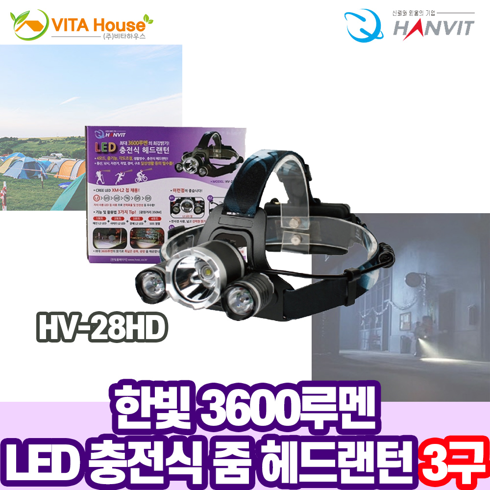 한빛 3600루멘 LED 충전 줌 헤드랜턴 HV-28HD 3구 V