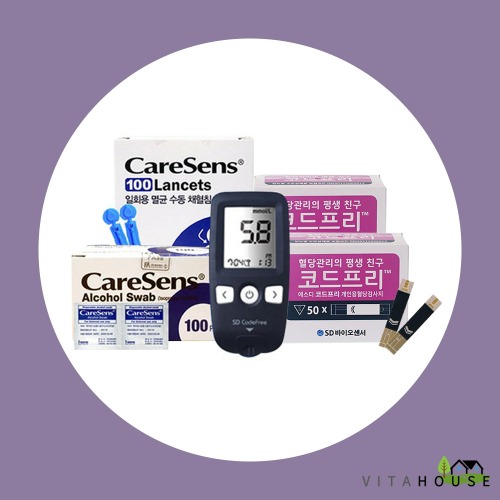 CF SD 코드프리 혈당계+시험지100매침100개+솜100매 / 혈당측정기 당뇨스트립 당뇨용품